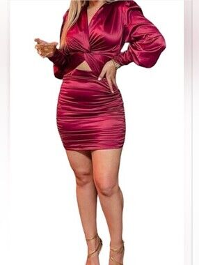 EUC Glamaker Satin Twist Cutout Ruched Mini Dress in Wine Red - Women's Medium